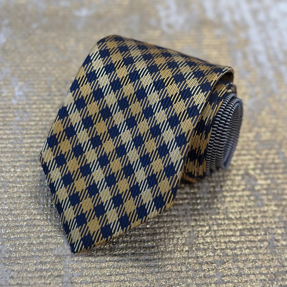 TOMMY HILFIGER Navy Blue & Yellow Gold Gingham Silk Necktie NWT | Work Office